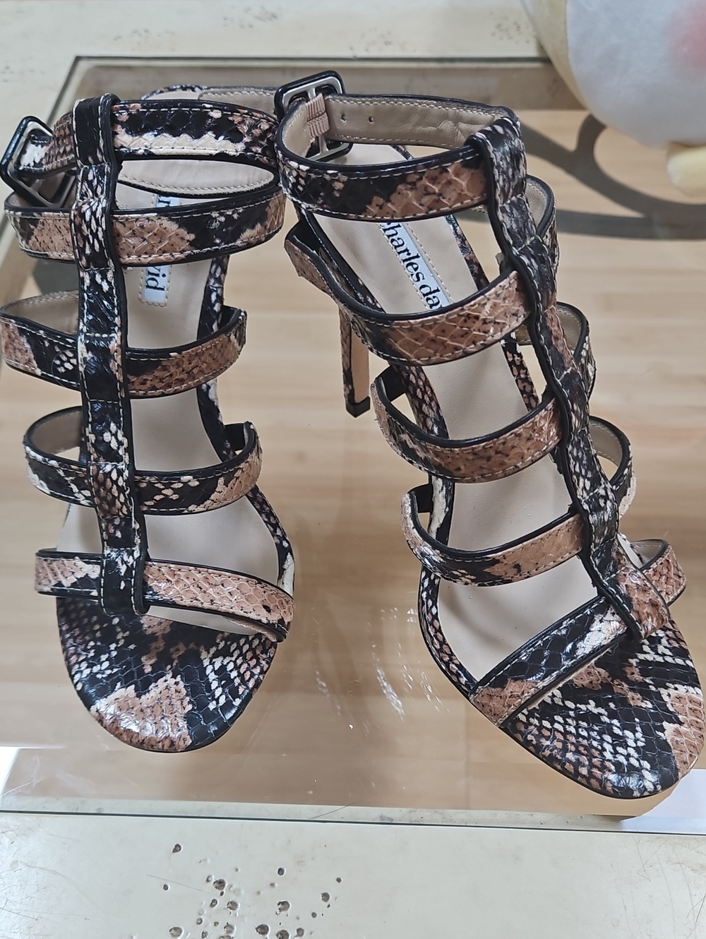 $10 Or 3/$15 Charles David Brown and Black Snake-Print Strappy High Heel Sandals